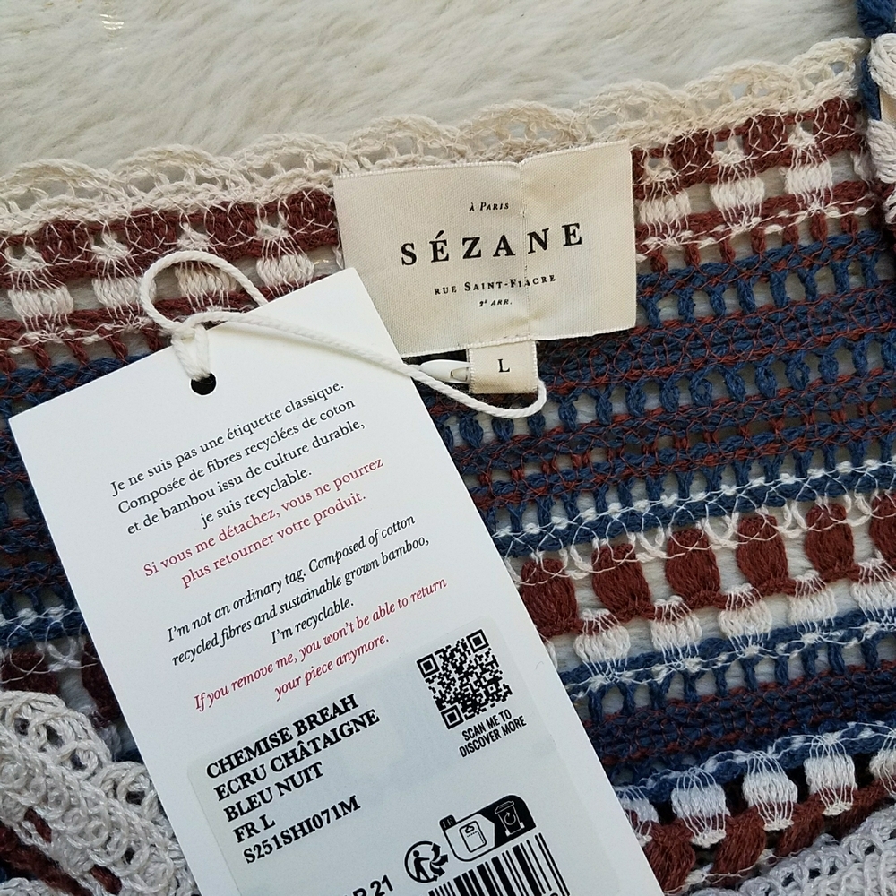 Sézane Breah Blouse - Ecru with Chestnut and Midnight Blue Stripes - Picture 9 of 11